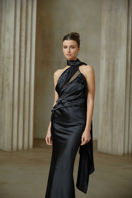 Aurohaya Maureen black ribbon-design satin maxi dress