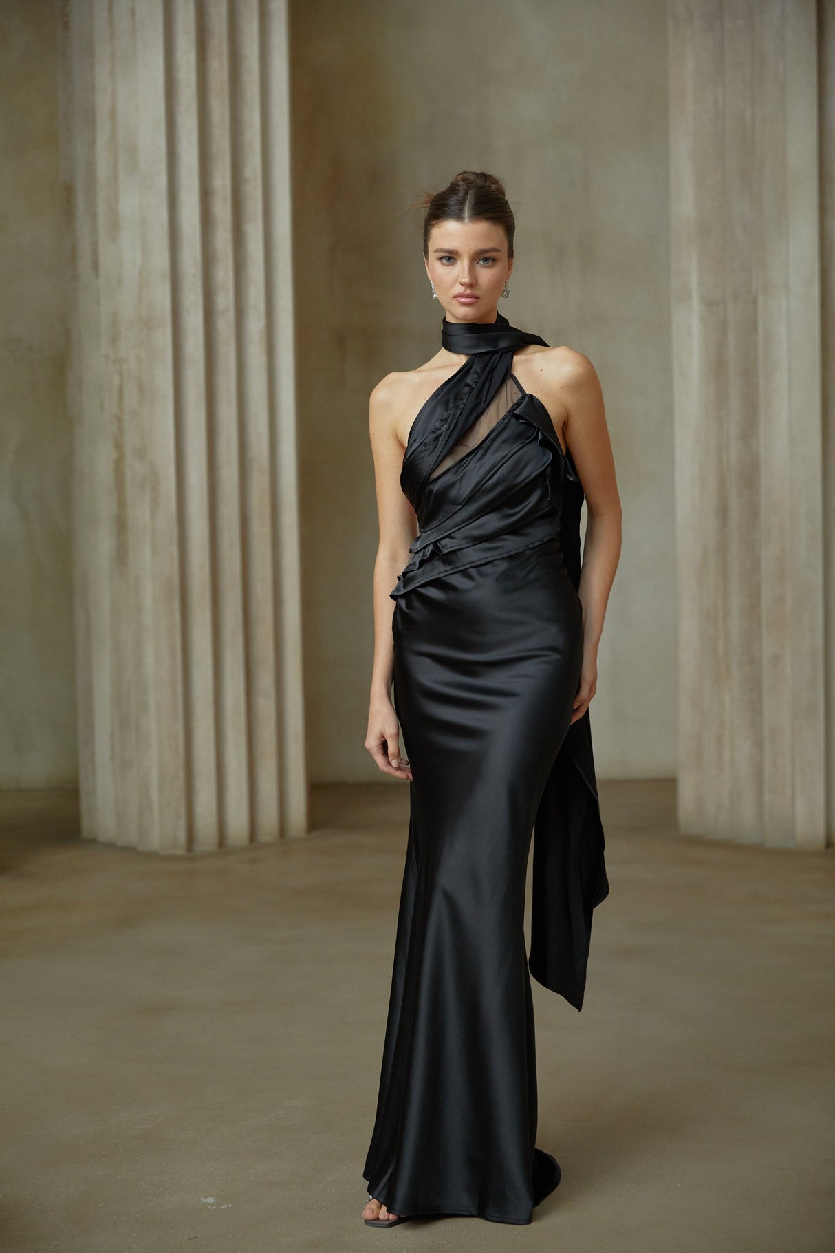 Aurohaya Maureen black ribbon-design satin maxi dress