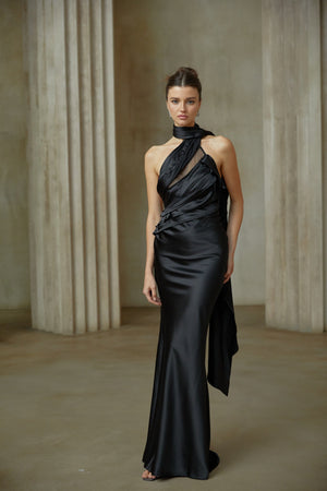 Aurohaya Maureen black ribbon-design satin maxi dress