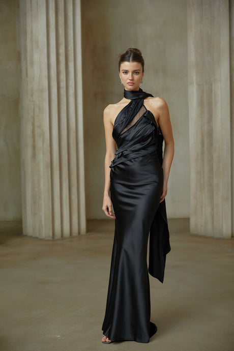 Aurohaya Maureen black ribbon-design satin maxi dress