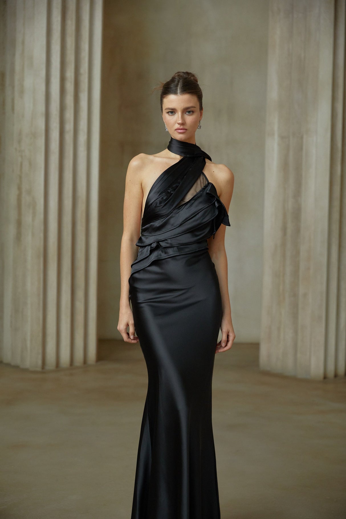 Aurohaya Maureen black ribbon-design satin maxi dress