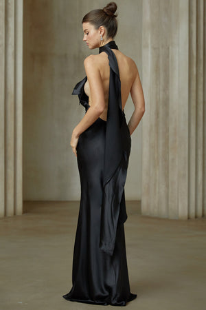 Aurohaya Maureen black ribbon-design satin maxi dress