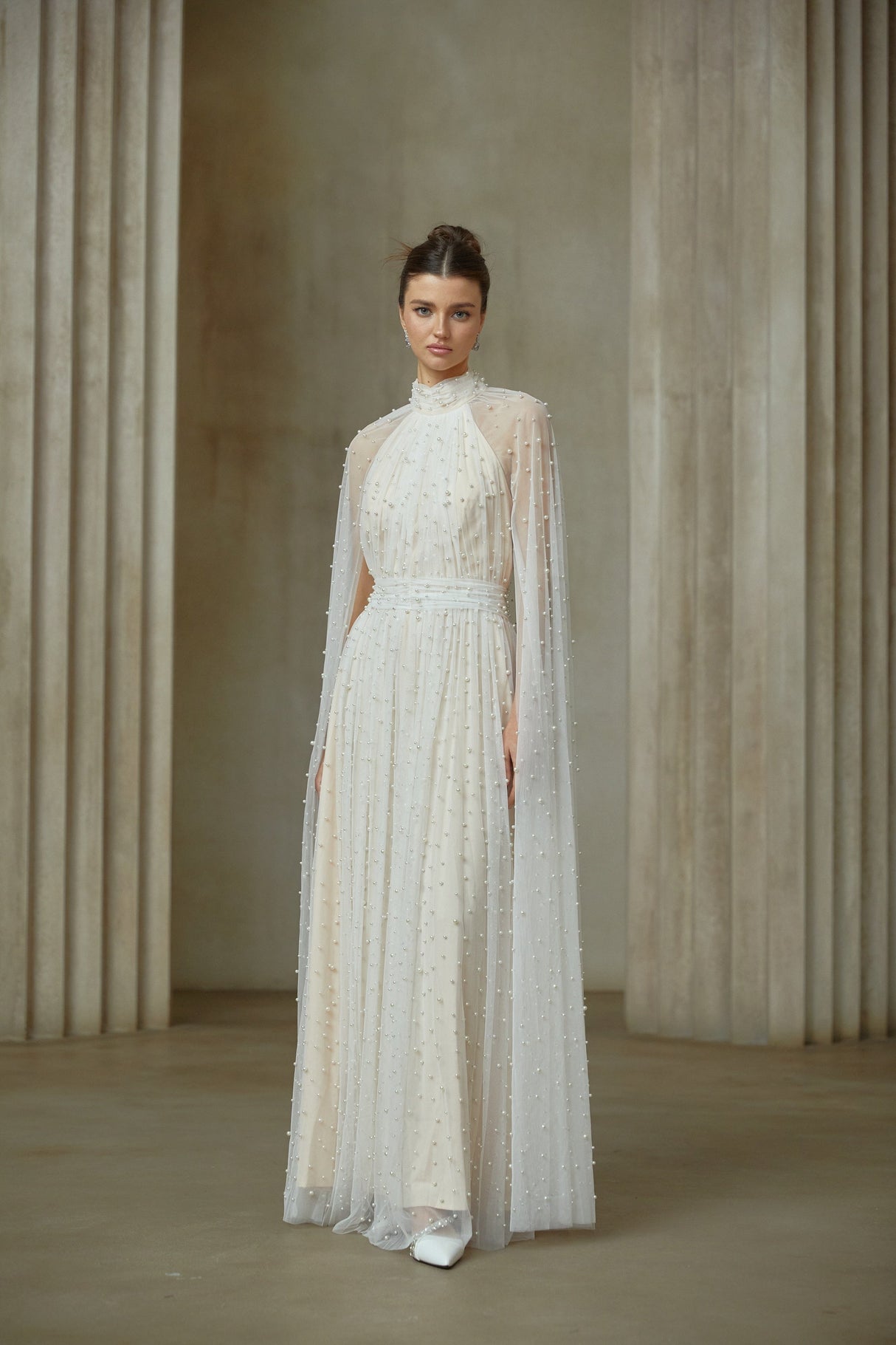 Aurohaya Louane white cape-design embellished tulle maxi dress