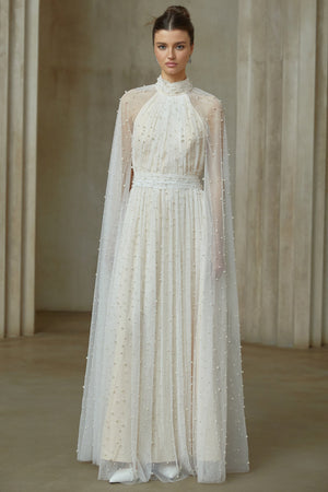 Aurohaya Louane white cape-design embellished tulle maxi dress