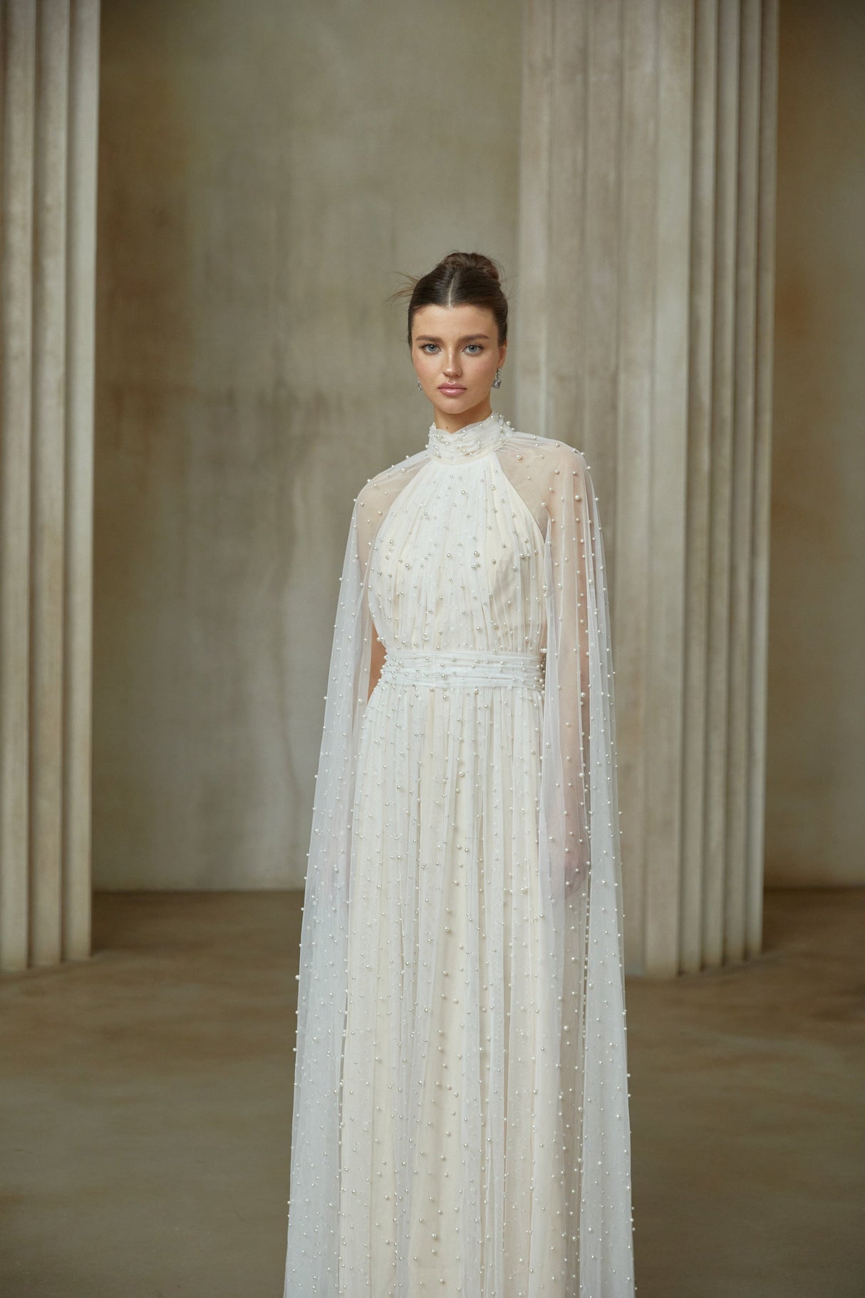 Aurohaya Louane white cape-design embellished tulle maxi dress