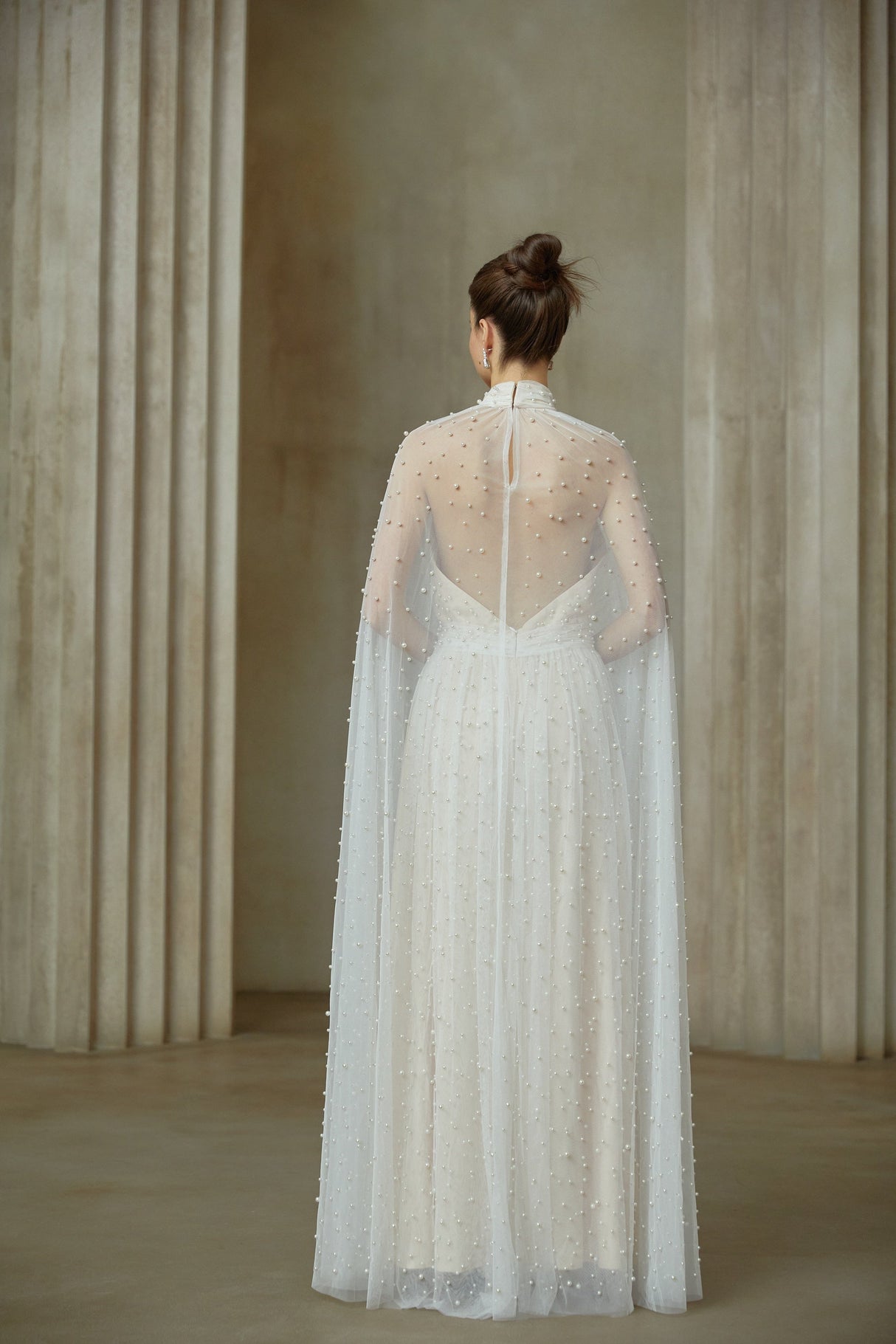 Aurohaya Louane white cape-design embellished tulle maxi dress