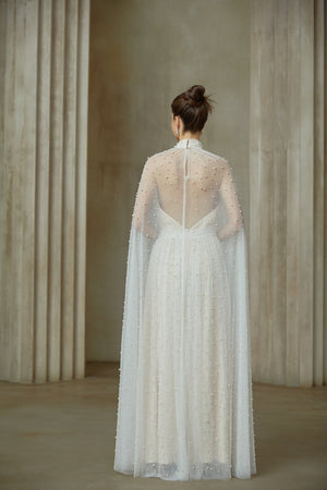Aurohaya Louane white cape-design embellished tulle maxi dress