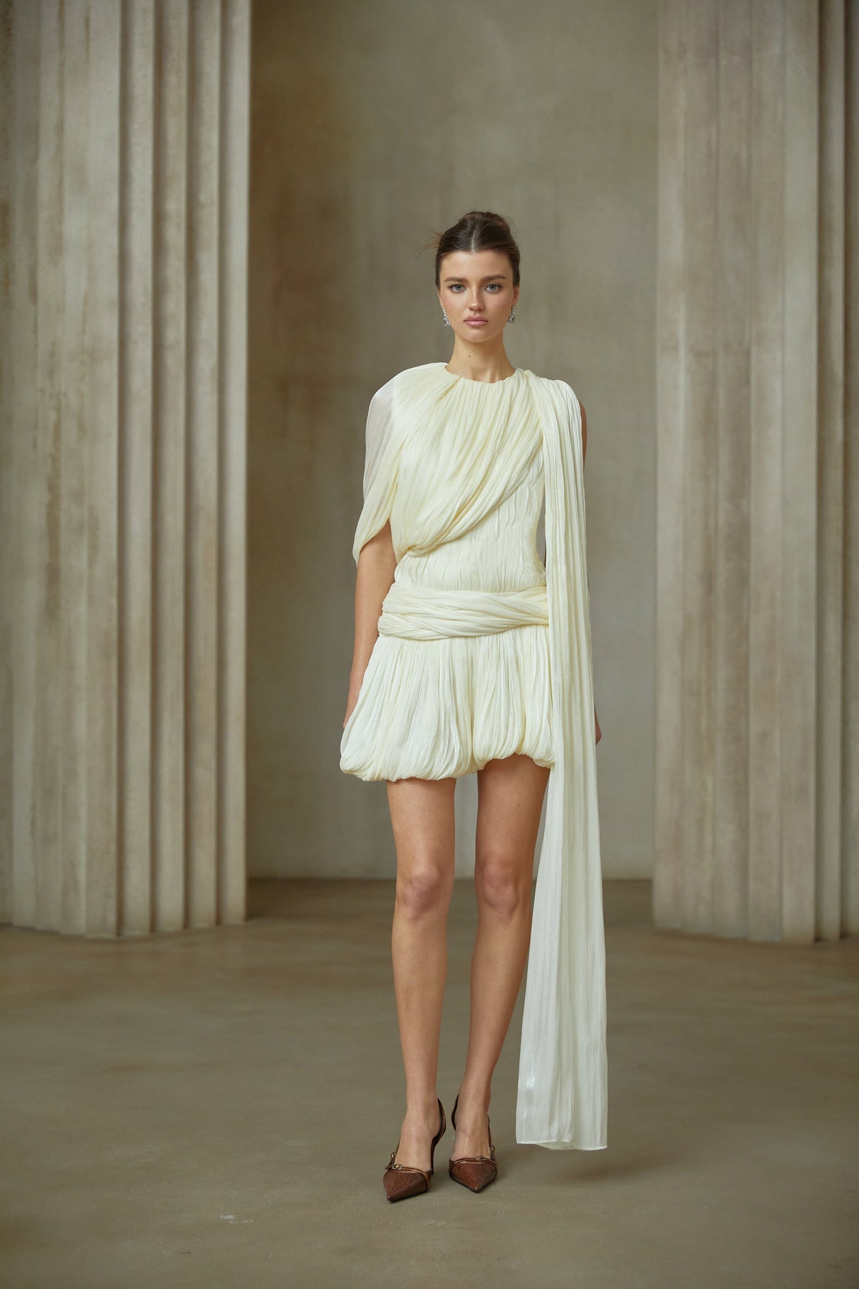 Aurohaya Cyrielle Pleated Mini Dress with Ribbon Design Accent