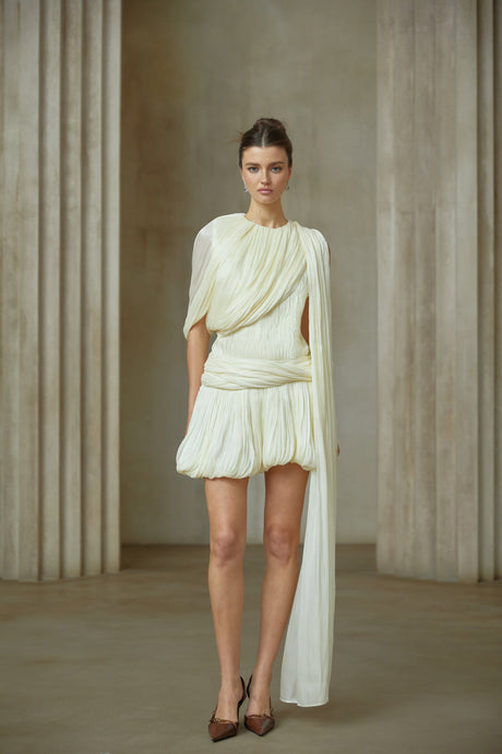 Aurohaya Cyrielle Pleated Mini Dress with Ribbon Design Accent