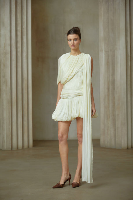 Aurohaya Cyrielle Pleated Mini Dress with Ribbon Design Accent