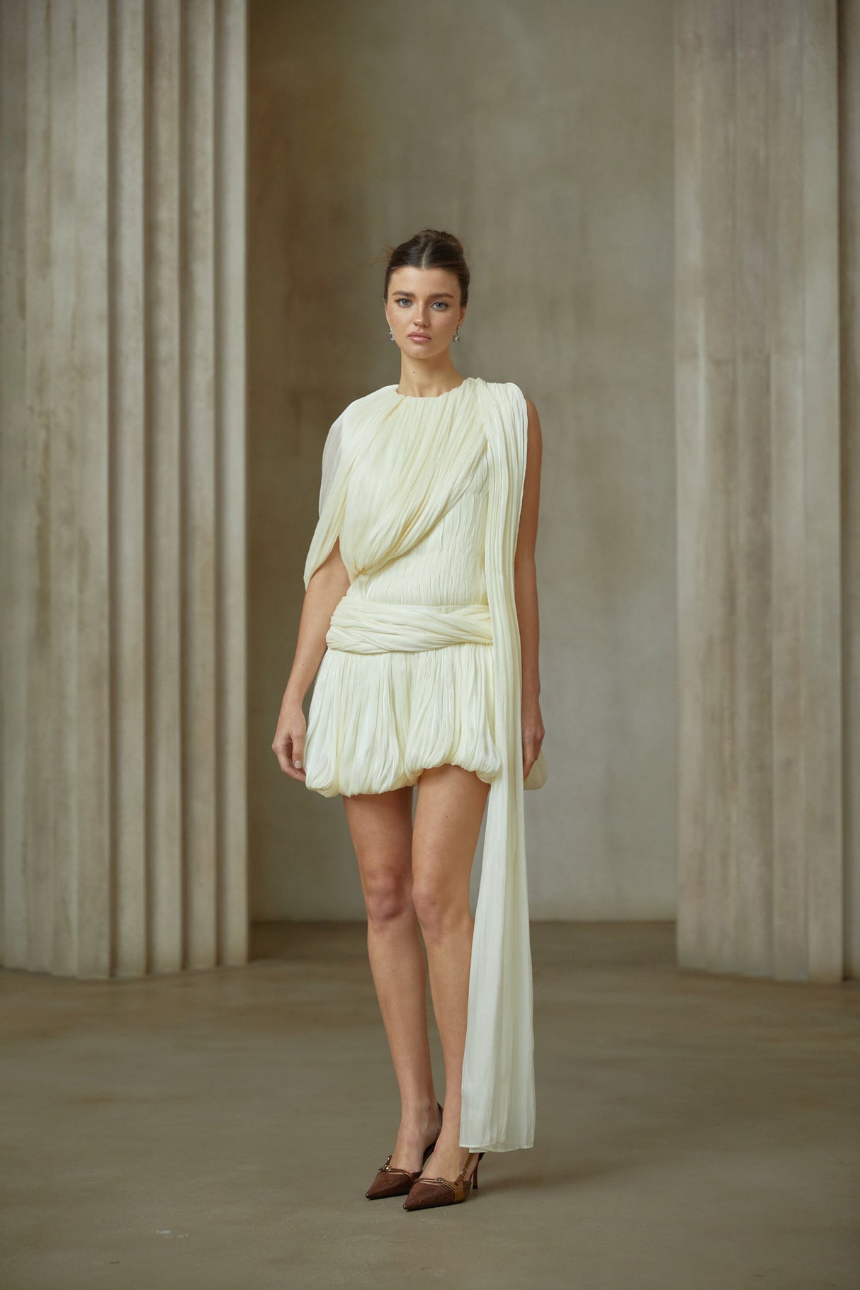Aurohaya Cyrielle Pleated Mini Dress with Ribbon Design Accent