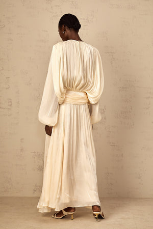 Aurohaya Eugénie Pleated Ruffle Maxi Dress in Neutral