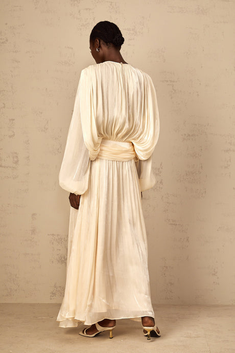 Aurohaya Eugénie Pleated Ruffle Maxi Dress in Neutral