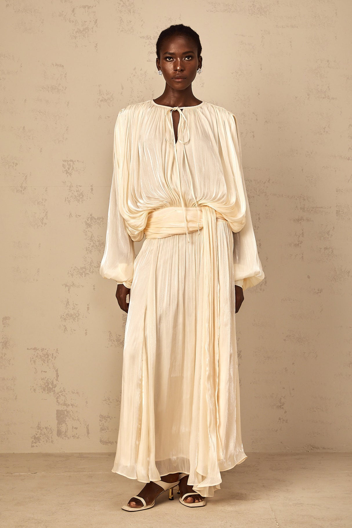 Aurohaya Eugénie Pleated Ruffle Maxi Dress in Neutral
