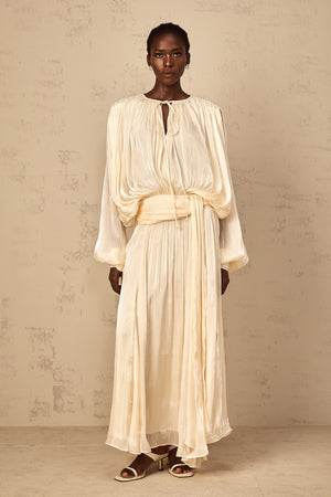 Aurohaya Eugénie Pleated Ruffle Maxi Dress in Neutral