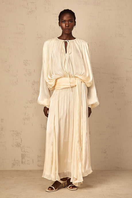 Aurohaya Eugénie Pleated Ruffle Maxi Dress in Neutral