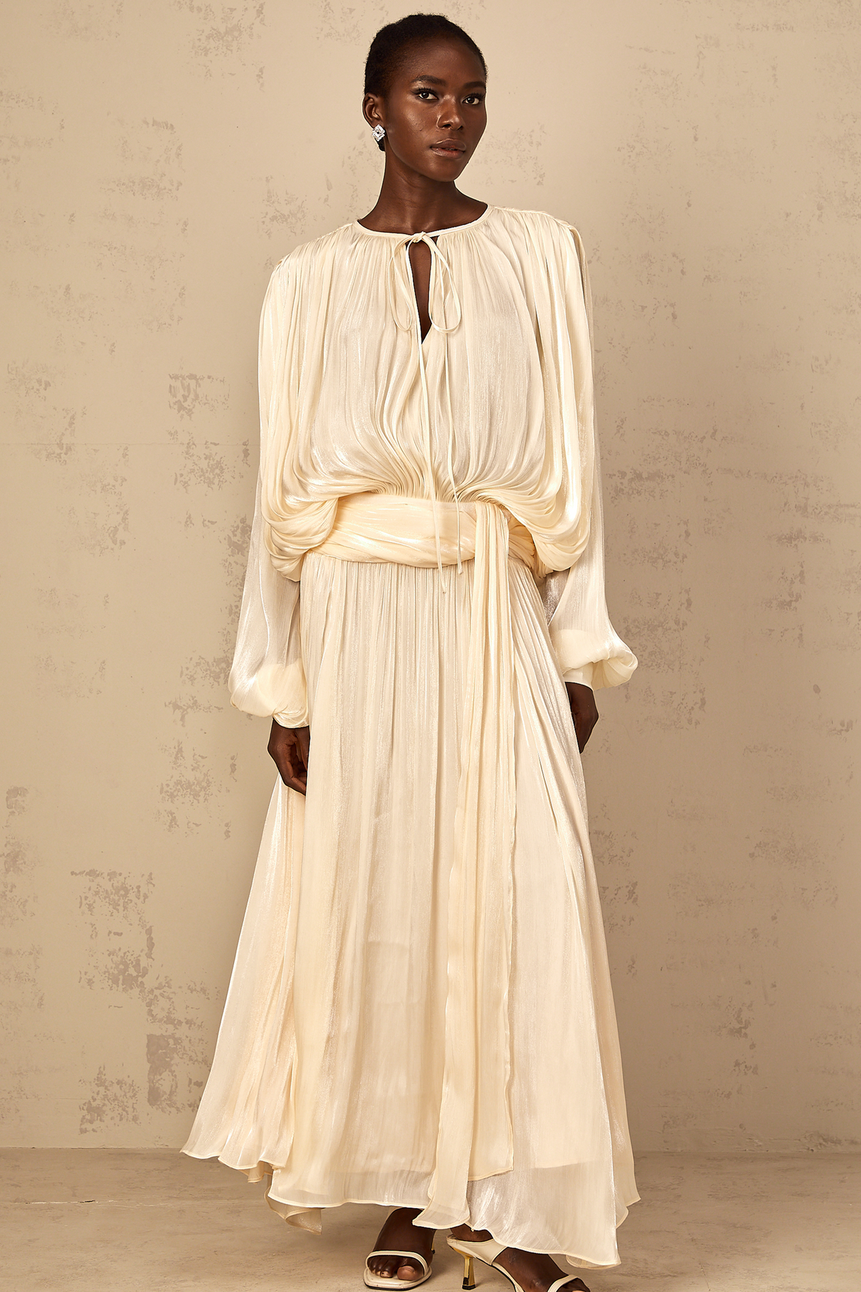 Aurohaya Eugénie Pleated Ruffle Maxi Dress in Neutral