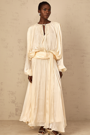 Aurohaya Eugénie Pleated Ruffle Maxi Dress in Neutral