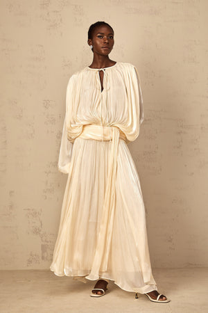 Aurohaya Eugénie Pleated Ruffle Maxi Dress in Neutral