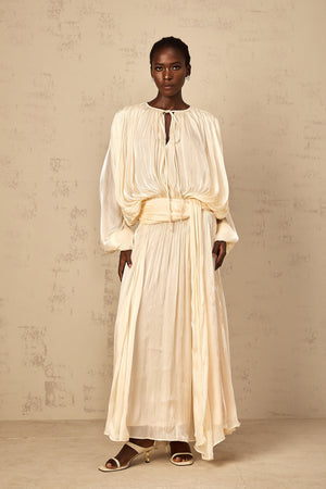 Aurohaya Eugénie Pleated Ruffle Maxi Dress in Neutral