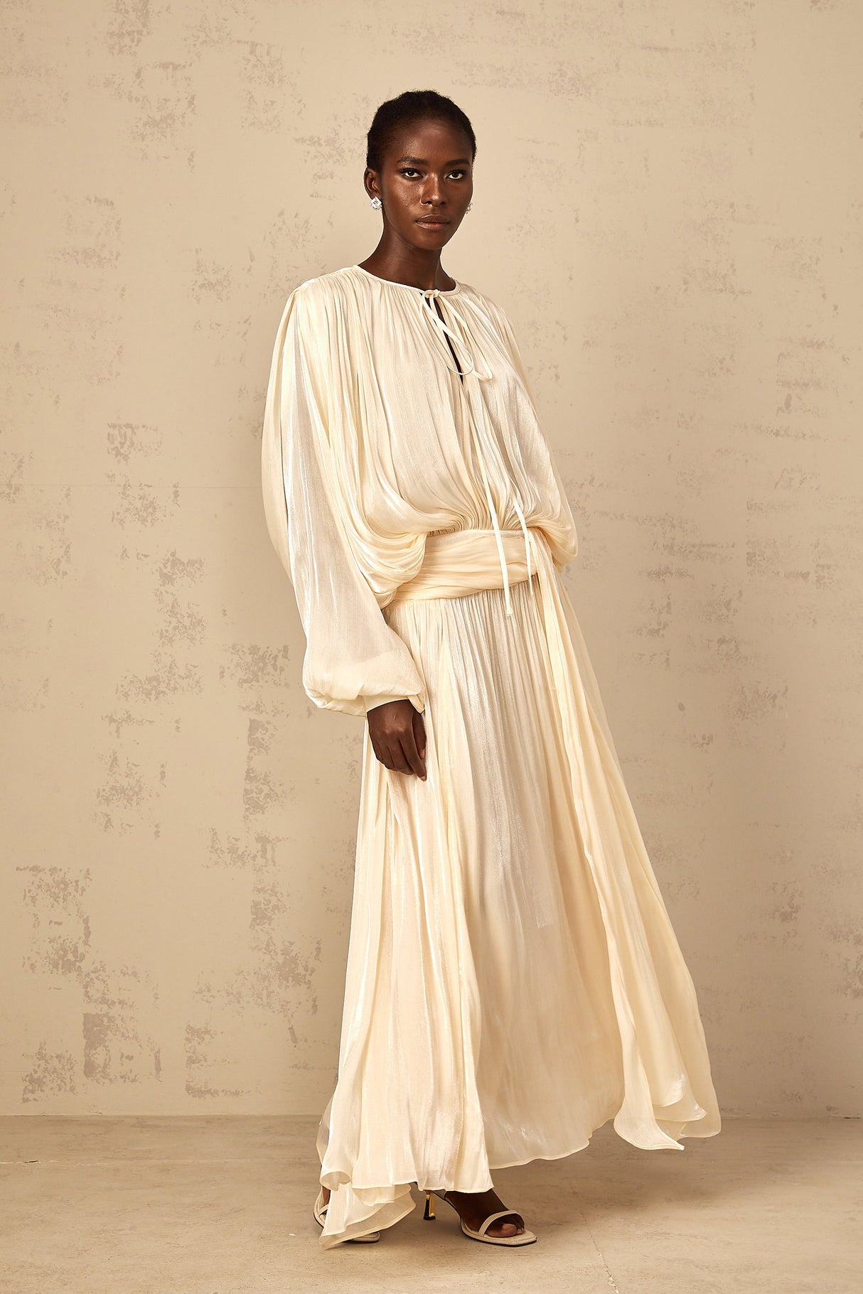 Aurohaya Eugénie Pleated Ruffle Maxi Dress in Neutral