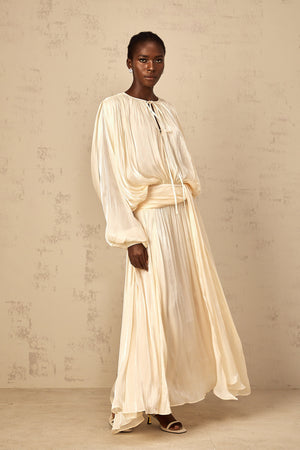 Aurohaya Eugénie Pleated Ruffle Maxi Dress in Neutral