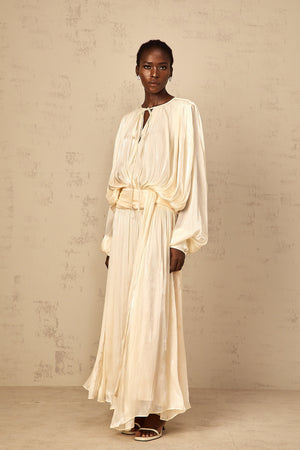 Aurohaya Eugénie Pleated Ruffle Maxi Dress in Neutral