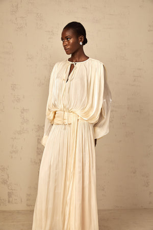 Aurohaya Eugénie Pleated Ruffle Maxi Dress in Neutral