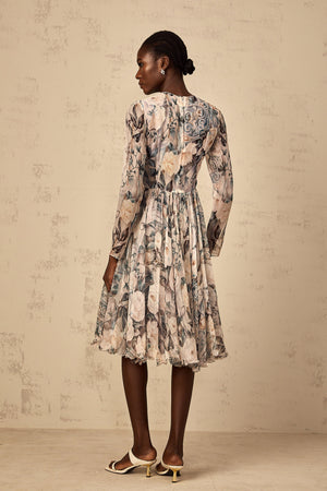 Aurohaya Mélanie Floral Print Pleated Chiffon Midi Dress