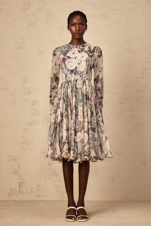 Aurohaya Mélanie Floral Print Pleated Chiffon Midi Dress