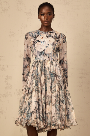 Aurohaya Mélanie Floral Print Pleated Chiffon Midi Dress