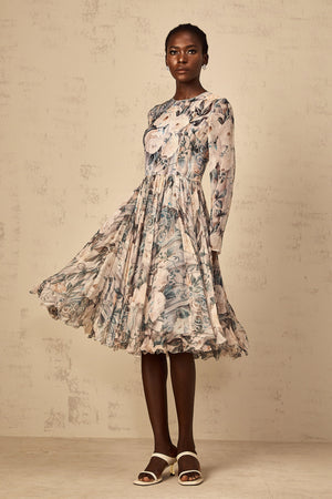 Aurohaya Mélanie Floral Print Pleated Chiffon Midi Dress