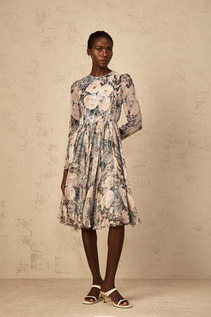 Aurohaya Mélanie Floral Print Pleated Chiffon Midi Dress