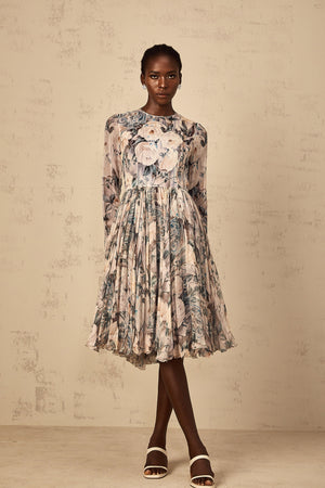 Aurohaya Mélanie Floral Print Pleated Chiffon Midi Dress