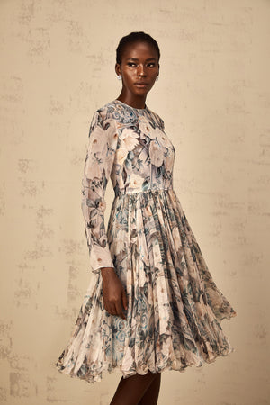 Aurohaya Mélanie Floral Print Pleated Chiffon Midi Dress