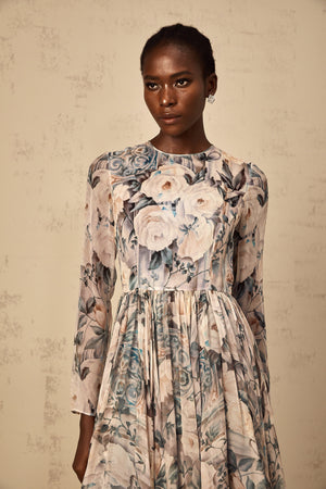 Aurohaya Mélanie Floral Print Pleated Chiffon Midi Dress