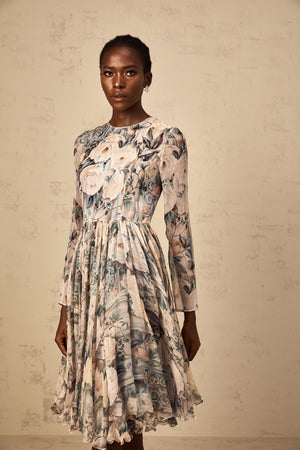 Aurohaya Mélanie Floral Print Pleated Chiffon Midi Dress
