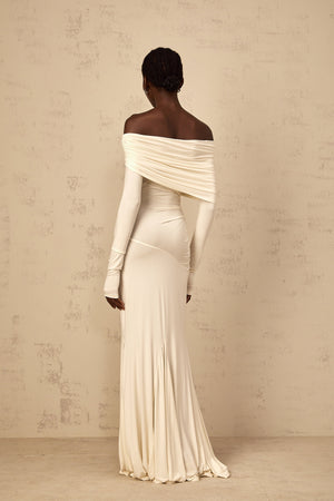 Aurohaya Delphine White Off-Shoulder Ruched Maxi Dress