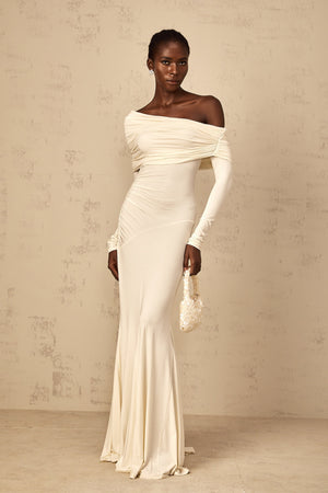 Aurohaya Delphine White Off-Shoulder Ruched Maxi Dress
