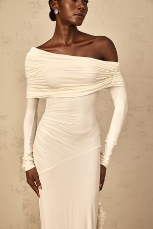 Aurohaya Delphine White Off-Shoulder Ruched Maxi Dress
