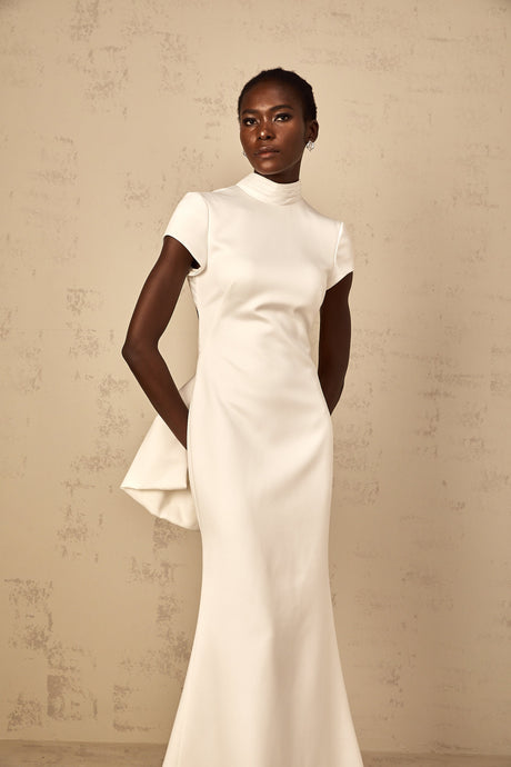 Aurohaya Camille White Statement Bow Mermaid Maxi Dress
