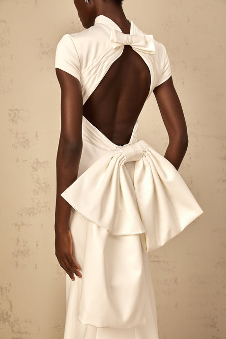 Aurohaya Camille White Statement Bow Mermaid Maxi Dress