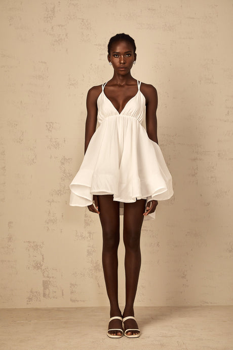 Aurohaya Quincie white shirred flounced mini dress