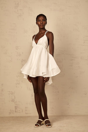 Aurohaya Quincie white shirred flounced mini dress