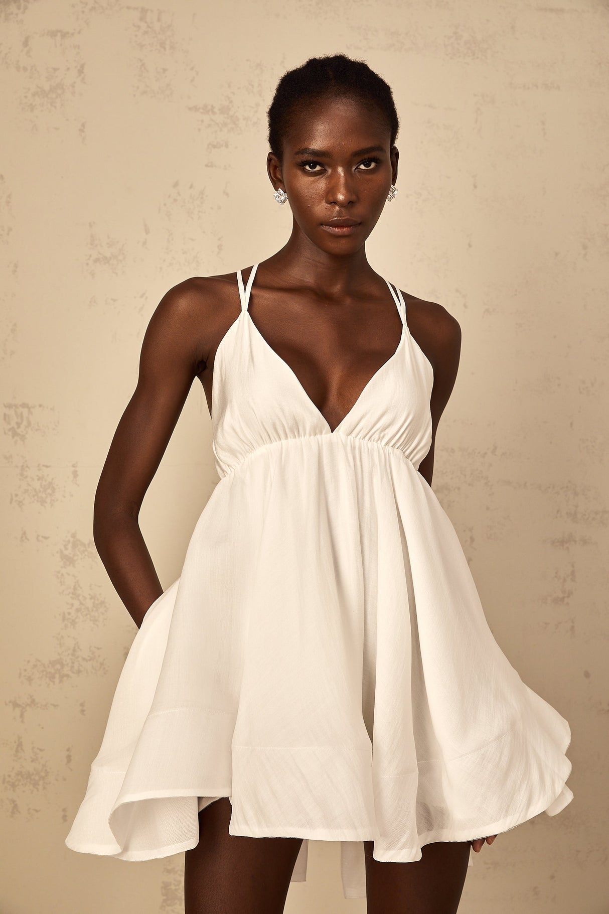 Aurohaya Quincie white shirred flounced mini dress