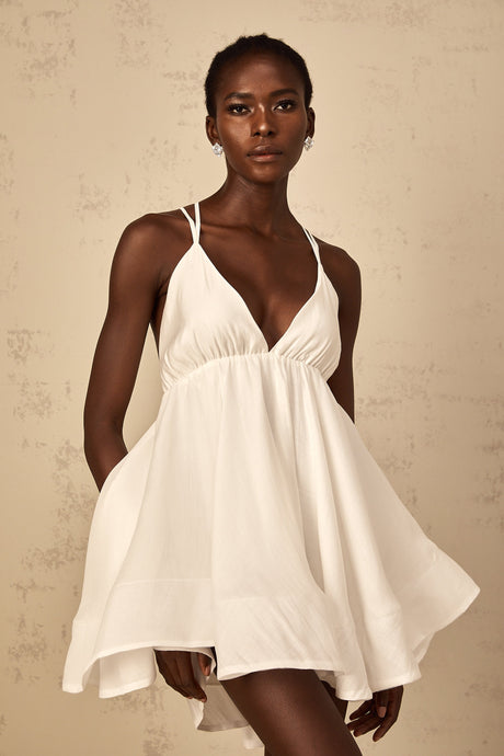 Aurohaya Quincie white shirred flounced mini dress