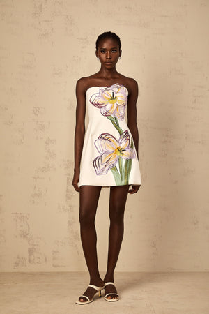 Aurohaya Irène White Off-Shoulder Sequin Floral Embroidered Mini Dress