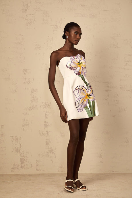 Aurohaya Irène White Off-Shoulder Sequin Floral Embroidered Mini Dress