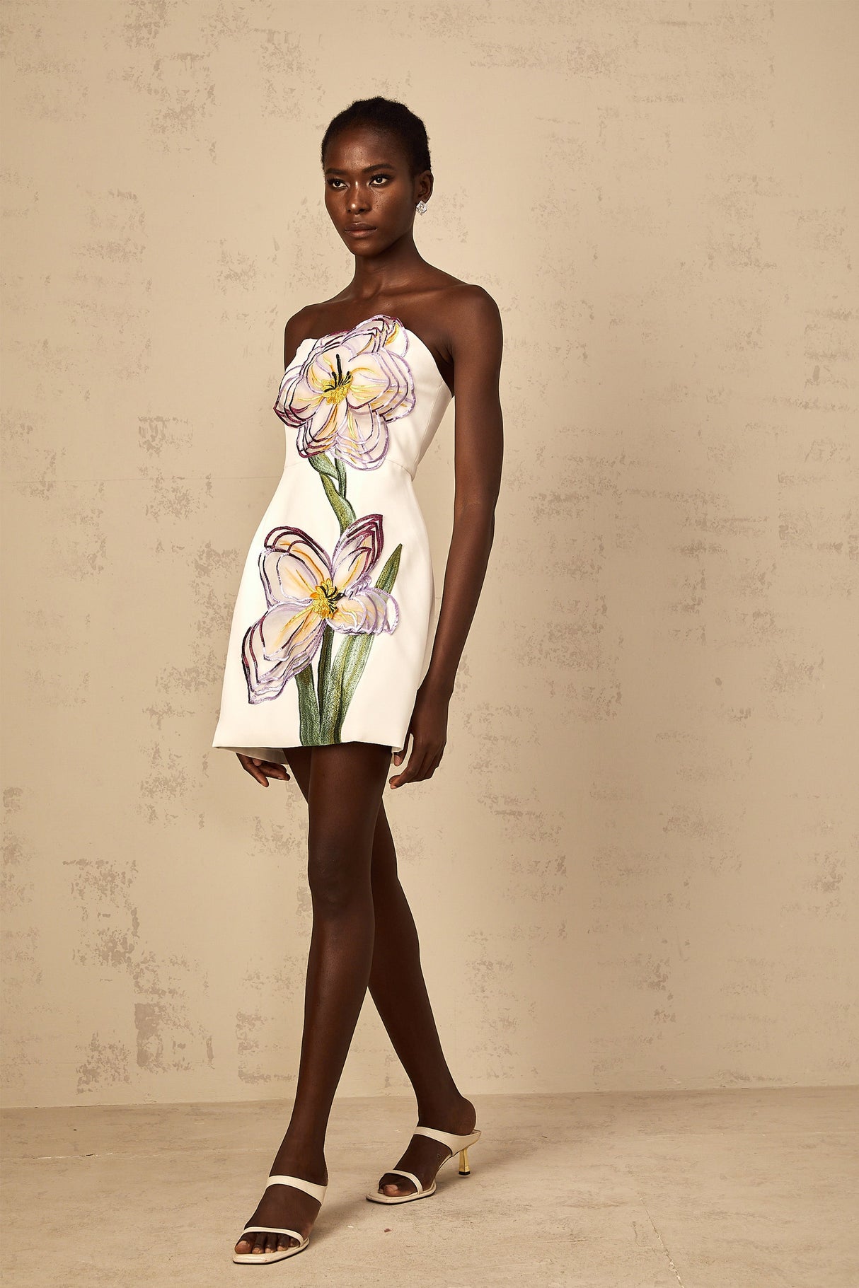 Aurohaya Irène White Off-Shoulder Sequin Floral Embroidered Mini Dress