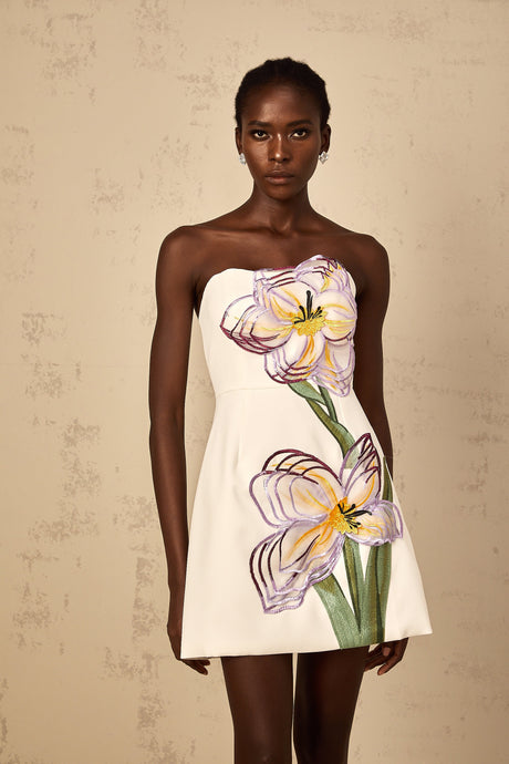 Aurohaya Irène White Off-Shoulder Sequin Floral Embroidered Mini Dress